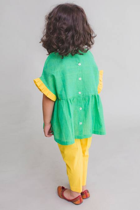 Shop Tiber Taber Yellow Cotton Ruffle Top With Pants at Aza Fashions Shop_Tiber Taber_Yellow Cotton Ruffle Top With Pants _at_Aza_Fashions
