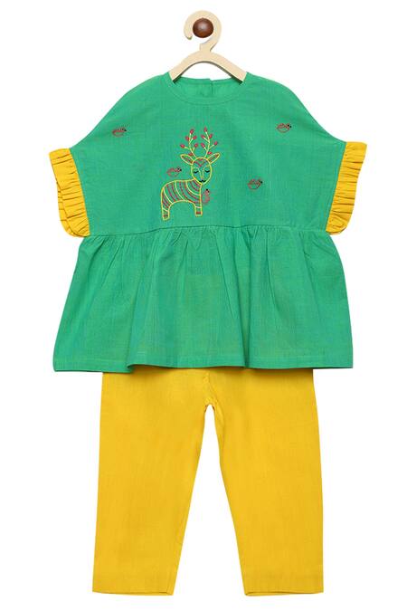 Tiber Taber_Yellow Cotton Ruffle Top With Pants _Online_at_Aza_Fashions