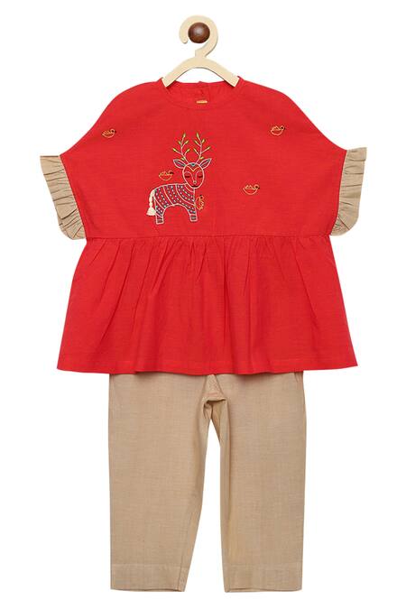 Tiber Taber_Beige Cotton Ruffle Top With Pants _Online_at_Aza_Fashions