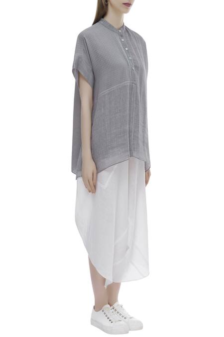 Urvashi Kaur_Gray Cotton Mandarin Collar Checkered Panel Organic Top _Online_at_Aza_Fashions