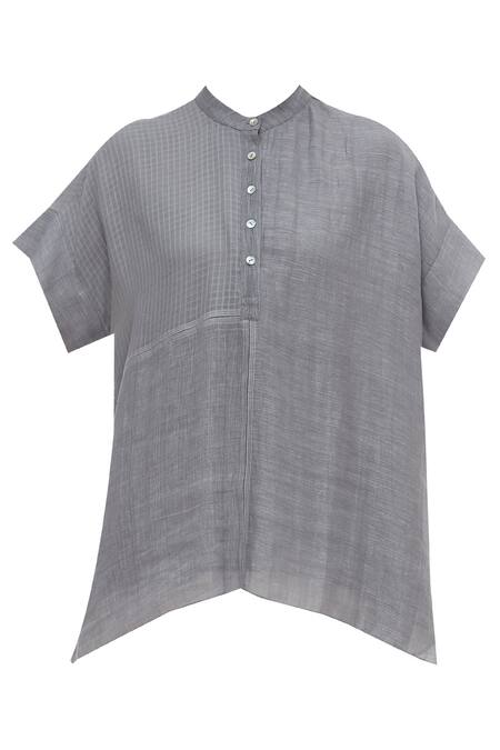 Shop_Urvashi Kaur_Gray Cotton Mandarin Collar Checkered Panel Organic Top _Online_at_Aza_Fashions
