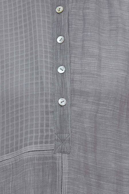 Urvashi Kaur_Gray Cotton Mandarin Collar Checkered Panel Organic Top _at_Aza_Fashions