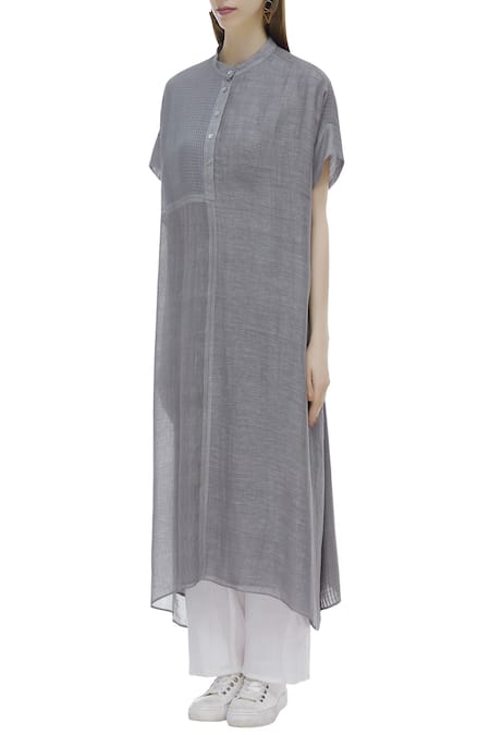 Buy Urvashi Kaur Gray Cotton Mandarin Collar Paneled Checkered Half Sleeve Kurta Online at Aza Fashions Buy_Urvashi Kaur_Gray Cotton Mandarin Collar Paneled Checkered Half Sleeve Kurta _Online_at_Aza_Fashions