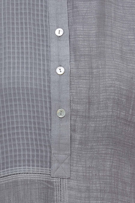 Urvashi Kaur Gray Cotton Mandarin Collar Paneled Checkered Half Sleeve Kurta at Aza Fashions Urvashi Kaur_Gray Cotton Mandarin Collar Paneled Checkered Half Sleeve Kurta _at_Aza_Fashions