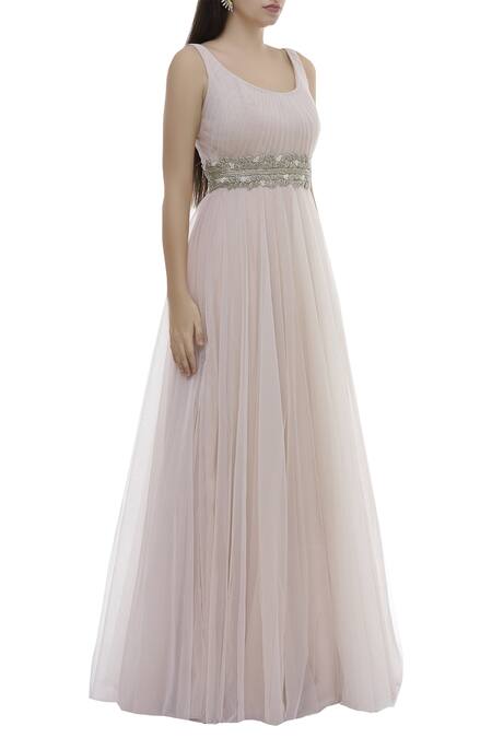 Vineti Bolaki_Pink Tulle Pleated Flared Gown_Online_at_Aza_Fashions