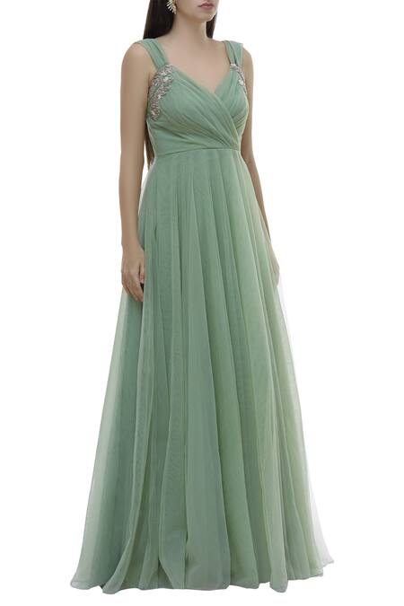 Vineti Bolaki_Green Tulle Pleated Gown_Online_at_Aza_Fashions