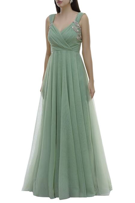 Buy_Vineti Bolaki_Green Tulle Pleated Gown_Online_at_Aza_Fashions