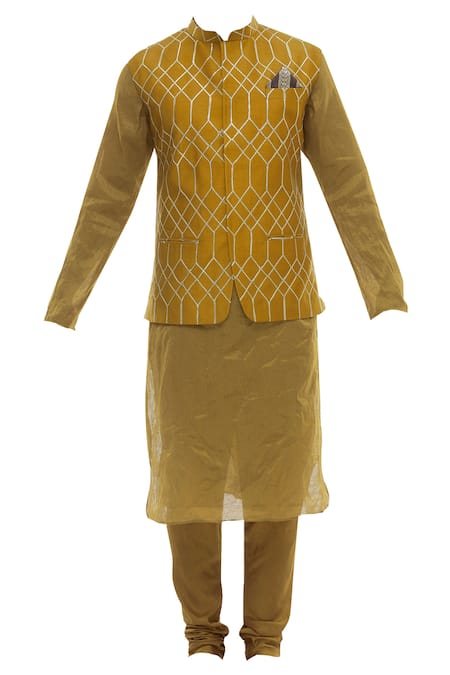 Vikram Phadnis_Yellow Bitcoin Embellished Nehru Jacket Set_Online_at_Aza_Fashions