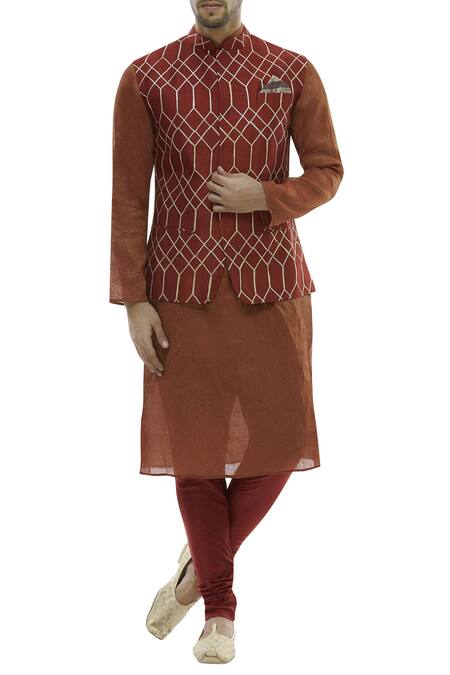Vikram Phadnis Maroon Kurta Embellished Nehru Jacket Set