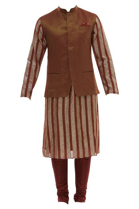 Vikram Phadnis_Red Chanderi Bundi And Kurta Set_Online_at_Aza_Fashions