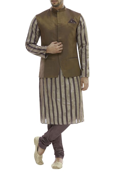 Vikram Phadnis Grey Chanderi Kurta And Nehru Jacket Set
