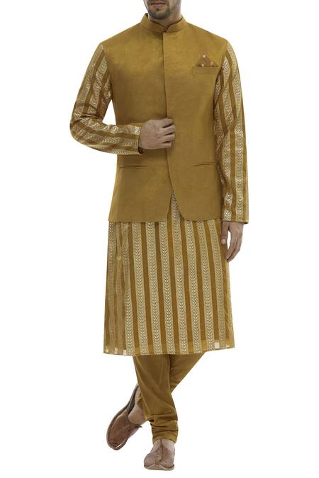 Vikram Phadnis Yellow Chanderi Kurta And Nehru Jacket Set
