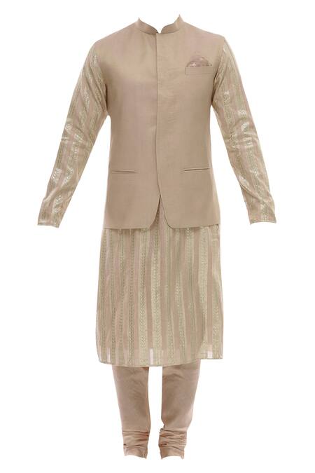 Vikram Phadnis_Pink Chanderi Kurta And Nehru Jacket Set_Online_at_Aza_Fashions