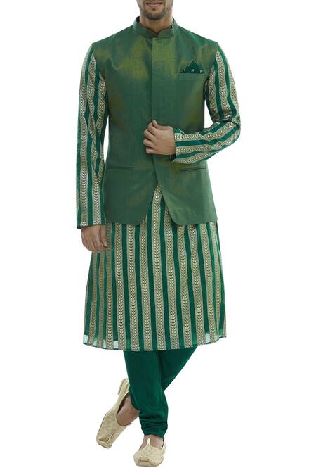 Vikram Phadnis Green Chanderi Kurta And Nehru Jacket Set