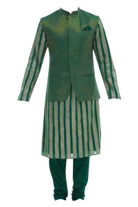 Vikram Phadnis_Green Chanderi Kurta And Nehru Jacket Set_Online_at_Aza_Fashions