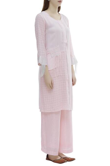 Himani Punatar_Pink Cotton Moss Paneled Straight Kurta_Online_at_Aza_Fashions