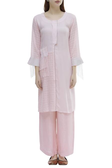 Shop_Himani Punatar_Pink Cotton Moss Paneled Straight Kurta_Online_at_Aza_Fashions