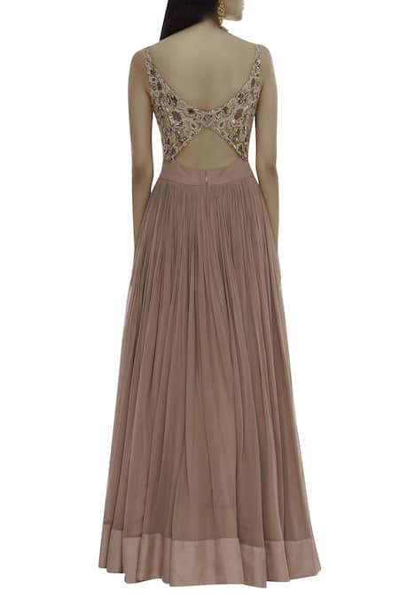 Shop_Nitika Kanodia Gupta_Brown Net, Crepe, Georgette Leaf Neck Embellished Anarkali With Dupatta_at_Aza_Fashions