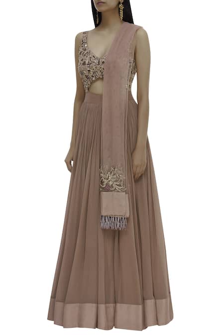 Nitika Kanodia Gupta_Brown Net, Crepe, Georgette Leaf Neck Embellished Anarkali With Dupatta_Online_at_Aza_Fashions