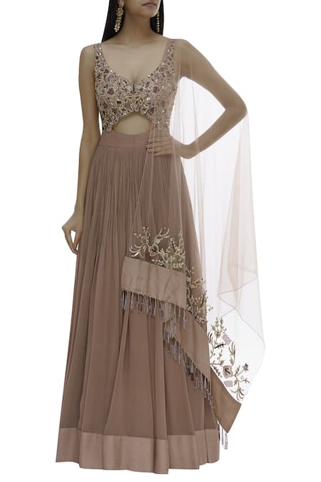 Buy_Nitika Kanodia Gupta_Brown Net, Crepe, Georgette Leaf Neck Embellished Anarkali With Dupatta_Online_at_Aza_Fashions