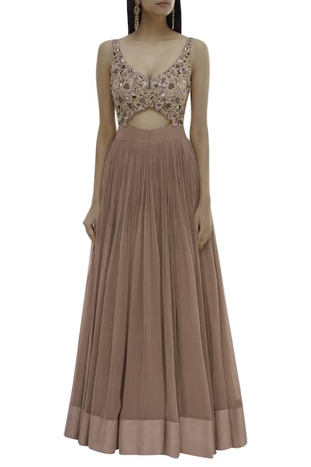 Shop_Nitika Kanodia Gupta_Brown Net, Crepe, Georgette Leaf Neck Embellished Anarkali With Dupatta_Online_at_Aza_Fashions