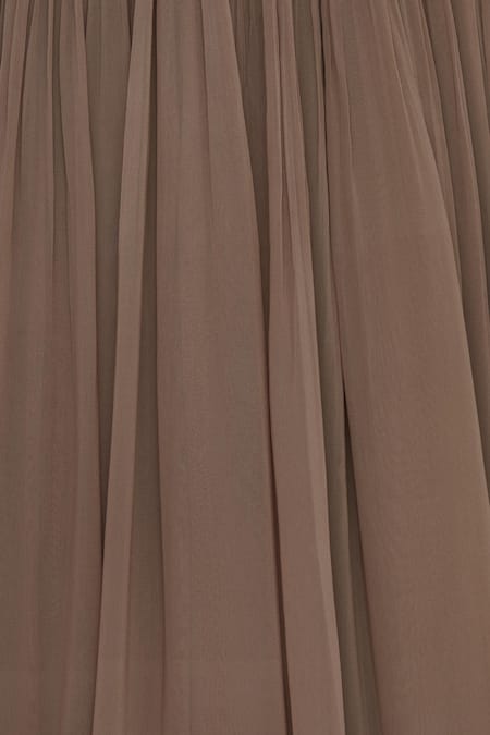 Nitika Kanodia Gupta_Brown Net, Crepe, Georgette Leaf Neck Embellished Anarkali With Dupatta_at_Aza_Fashions