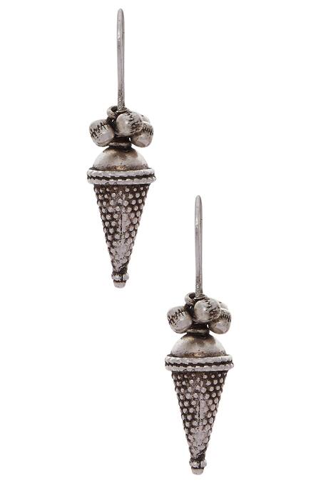 Shop Motifs By Surabhi Didwania Silver Plated Cone Drop Earrings at Aza Fashions Shop_Motifs By Surabhi Didwania_Silver Plated Cone Drop Earrings_at_Aza_Fashions