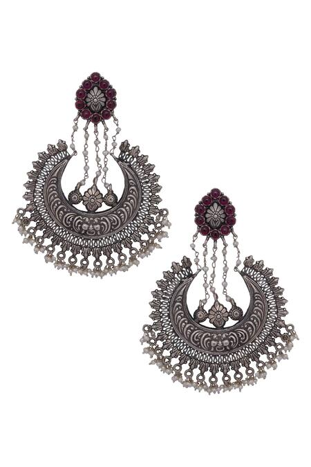 Shop_Motifs By Surabhi Didwania_Silver Plated Metal Carved Chandbalis_at_Aza_Fashions