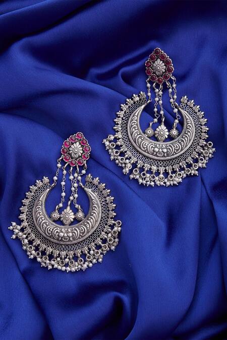 Buy_Motifs By Surabhi Didwania_Silver Plated Metal Carved Chandbalis_Online_at_Aza_Fashions