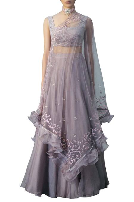 Mishru Purple Velvet Square Neck Embellished Cape Lehenga Set  3