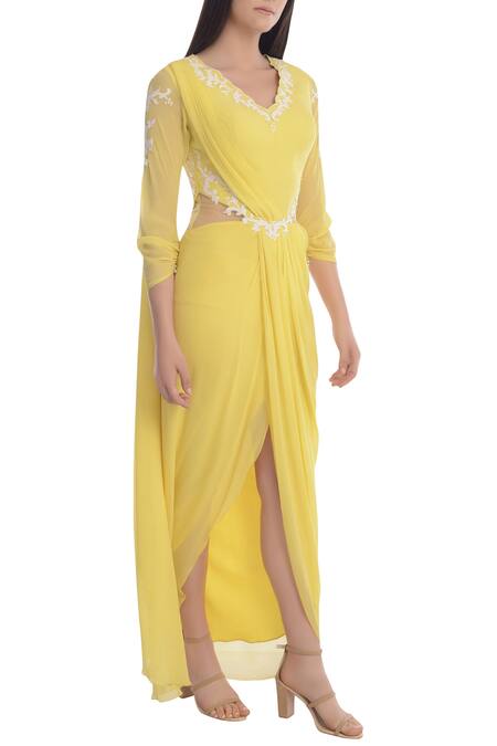 Mandira Wirk_Yellow Georgette Draped Saree Gown_Online_at_Aza_Fashions