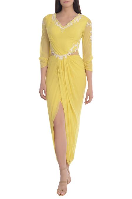 Buy_Mandira Wirk_Yellow Georgette Draped Saree Gown_Online_at_Aza_Fashions