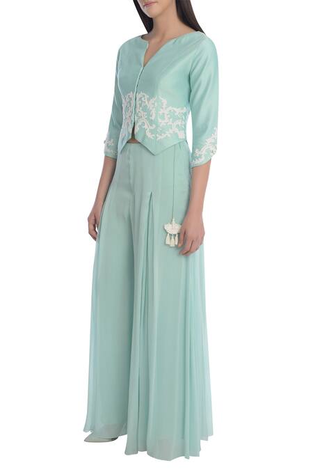 Mandira Wirk_Blue Chanderi Jacket Palazzo Set_Online_at_Aza_Fashions