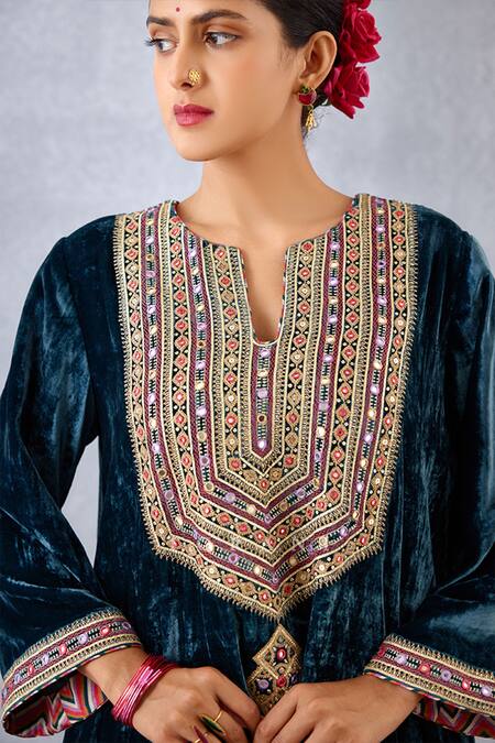 Shop_Torani_Blue Silk Velvet, Cotton Voile And Shabnami Makhmal Paakizah Phiran Kurta Set _Online_at_Aza_Fashions