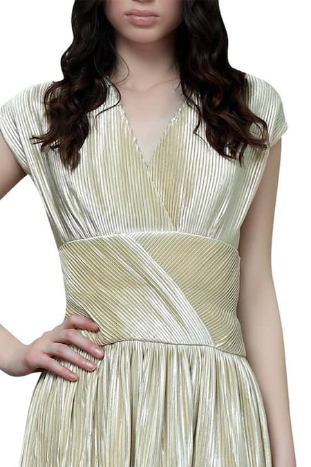 Buy_Swatee Singh_Yellow Dutch Satin Blend V Neck Pleated Gown _Online_at_Aza_Fashions