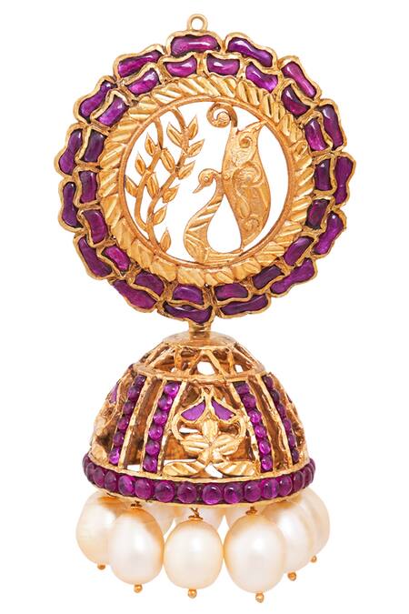 Shop Anita Dongre Gold Plated Crystals Peacock Jhumkas at Aza Fashions Shop_Anita Dongre_Gold Plated Crystals Peacock Jhumkas_at_Aza_Fashions