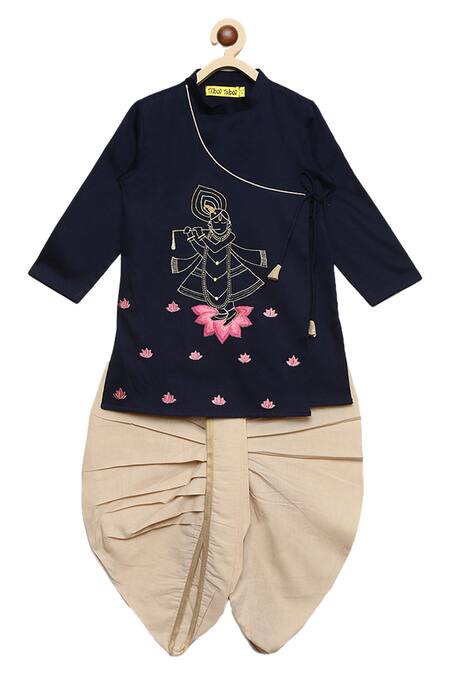 Shop_Tiber Taber_Blue 100% Cotton Embroidered Kurta Dhoti Set _Online_at_Aza_Fashions