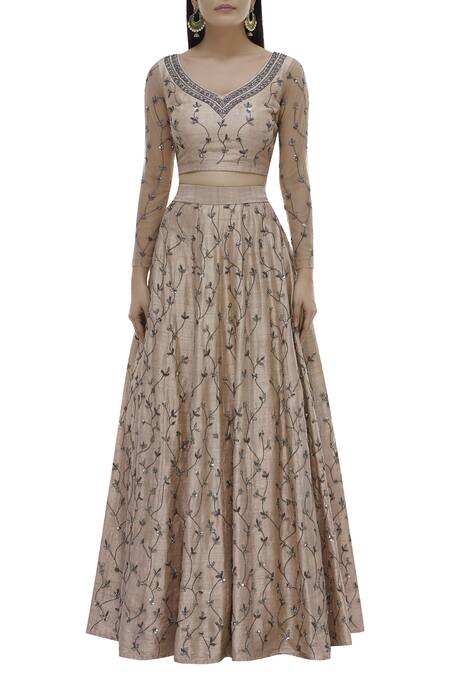 Shop ASTHA NARANG Beige Raw Silk Leaf Neck Embroidered Lehenga Set Online at Aza Fashions Shop_ASTHA NARANG_Beige Raw Silk Leaf Neck Embroidered Lehenga Set_Online_at_Aza_Fashions