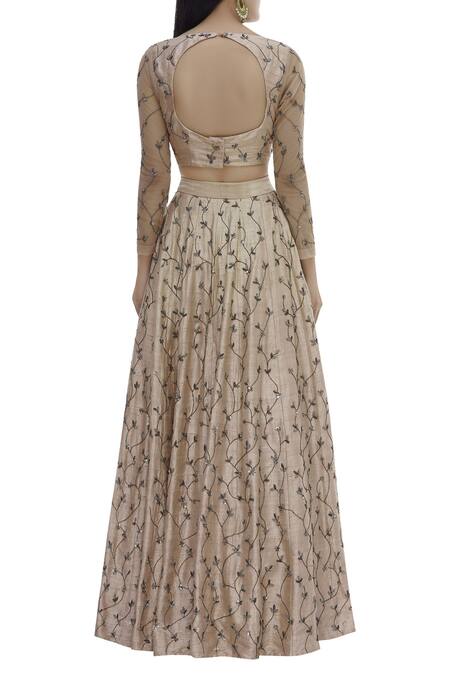 Shop ASTHA NARANG Beige Raw Silk Leaf Neck Embroidered Lehenga Set at Aza Fashions Shop_ASTHA NARANG_Beige Raw Silk Leaf Neck Embroidered Lehenga Set_at_Aza_Fashions