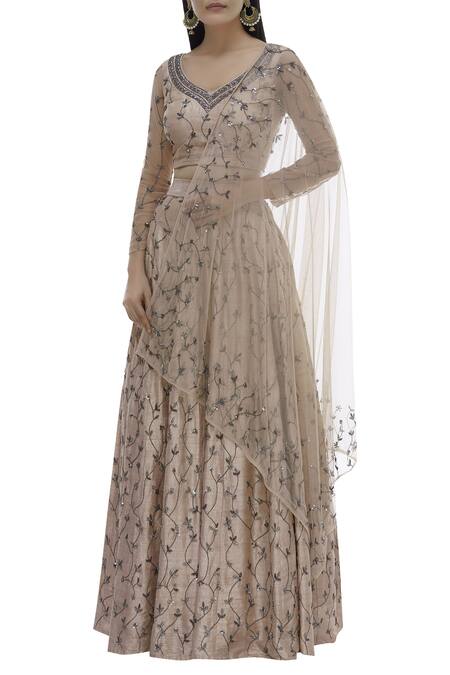 ASTHA NARANG Beige Raw Silk Leaf Neck Embroidered Lehenga Set Online at Aza Fashions ASTHA NARANG_Beige Raw Silk Leaf Neck Embroidered Lehenga Set_Online_at_Aza_Fashions
