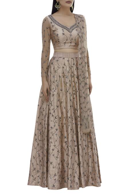Buy ASTHA NARANG Beige Raw Silk Leaf Neck Embroidered Lehenga Set Online at Aza Fashions Buy_ASTHA NARANG_Beige Raw Silk Leaf Neck Embroidered Lehenga Set_Online_at_Aza_Fashions