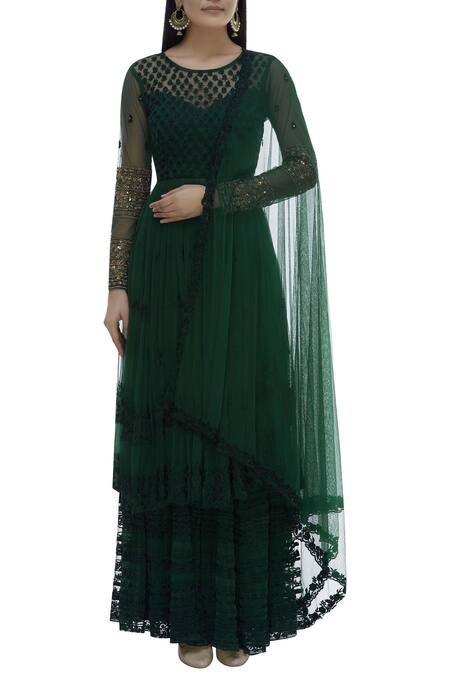 ASTHA NARANG_Green Net Round Anarkali Kurta Set_Online_at_Aza_Fashions
