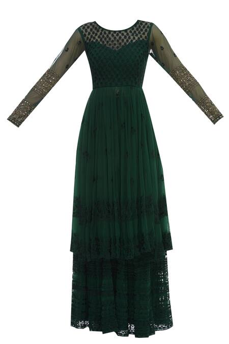 Buy_ASTHA NARANG_Green Net Round Anarkali Kurta Set_Online_at_Aza_Fashions