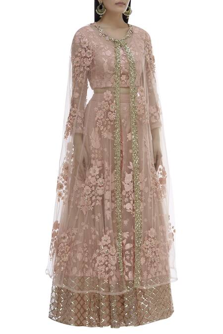 ASTHA NARANG_Pink Net Round Embroidered Lehenga And Cape Set_Online_at_Aza_Fashions