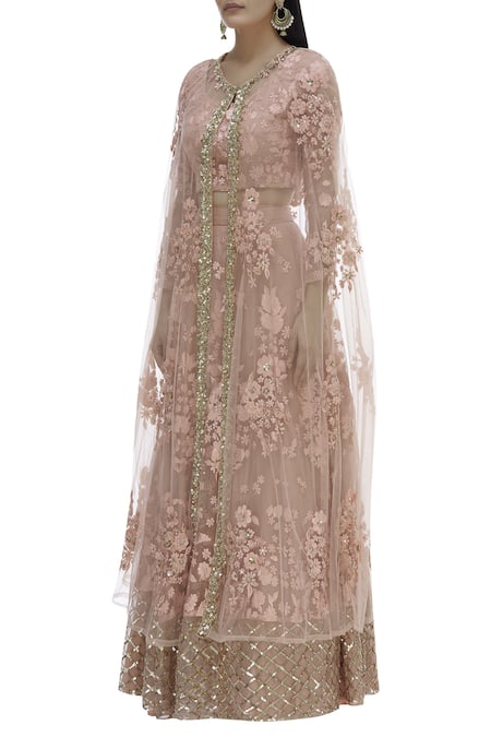 Buy_ASTHA NARANG_Pink Net Round Embroidered Lehenga And Cape Set_Online_at_Aza_Fashions
