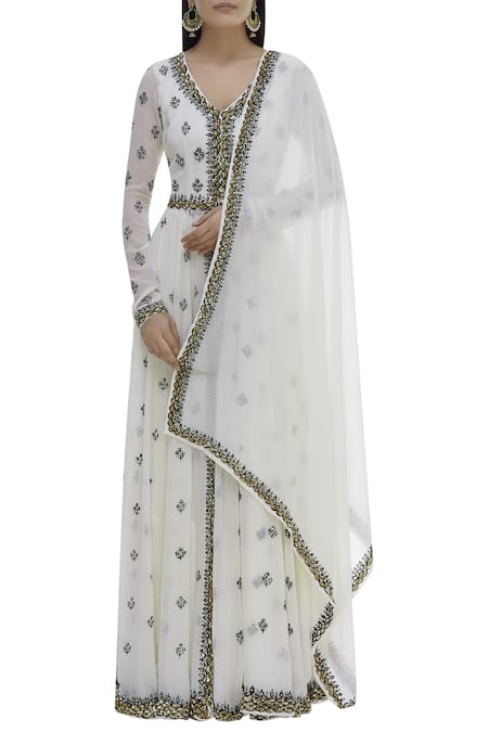 ASTHA NARANG_White Georgette V Neck Embroidered Anarkali And Sharara Set_Online_at_Aza_Fashions