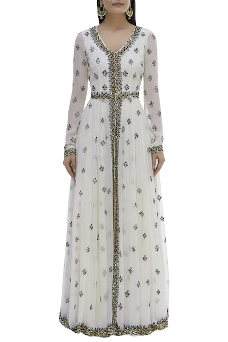 Buy_ASTHA NARANG_White Georgette V Neck Embroidered Anarkali And Sharara Set_Online_at_Aza_Fashions