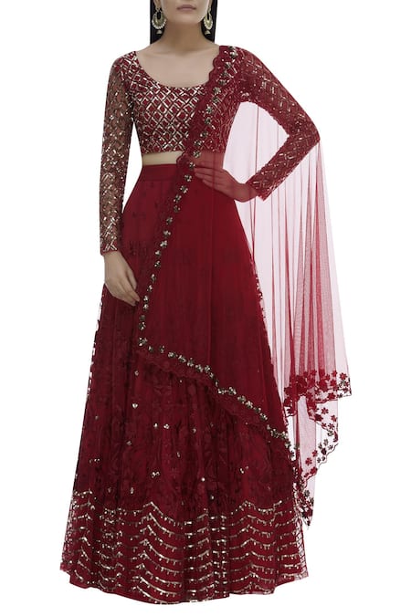ASTHA NARANG_Red Net Round Embroidered Lehenga Set_Online_at_Aza_Fashions