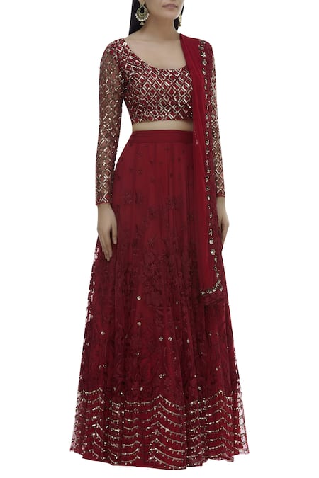 Buy_ASTHA NARANG_Red Net Round Embroidered Lehenga Set_Online_at_Aza_Fashions