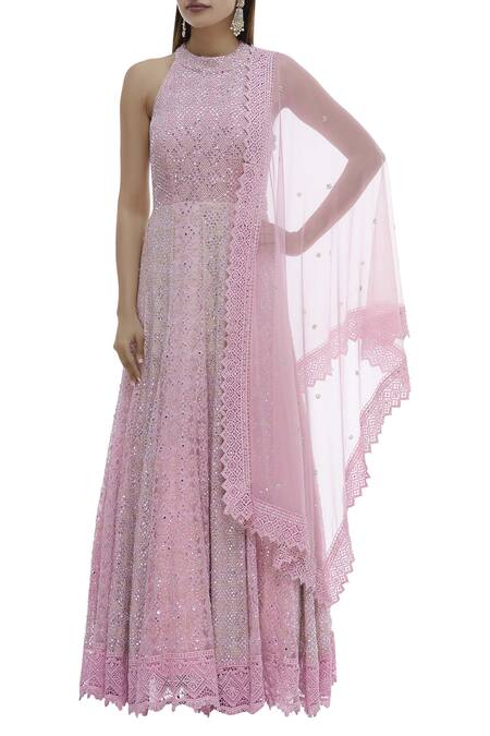 Vandana Sethi_Pink Chikankari Net Halter Neck Embroidered Anarkali With Dupatta_Online_at_Aza_Fashions